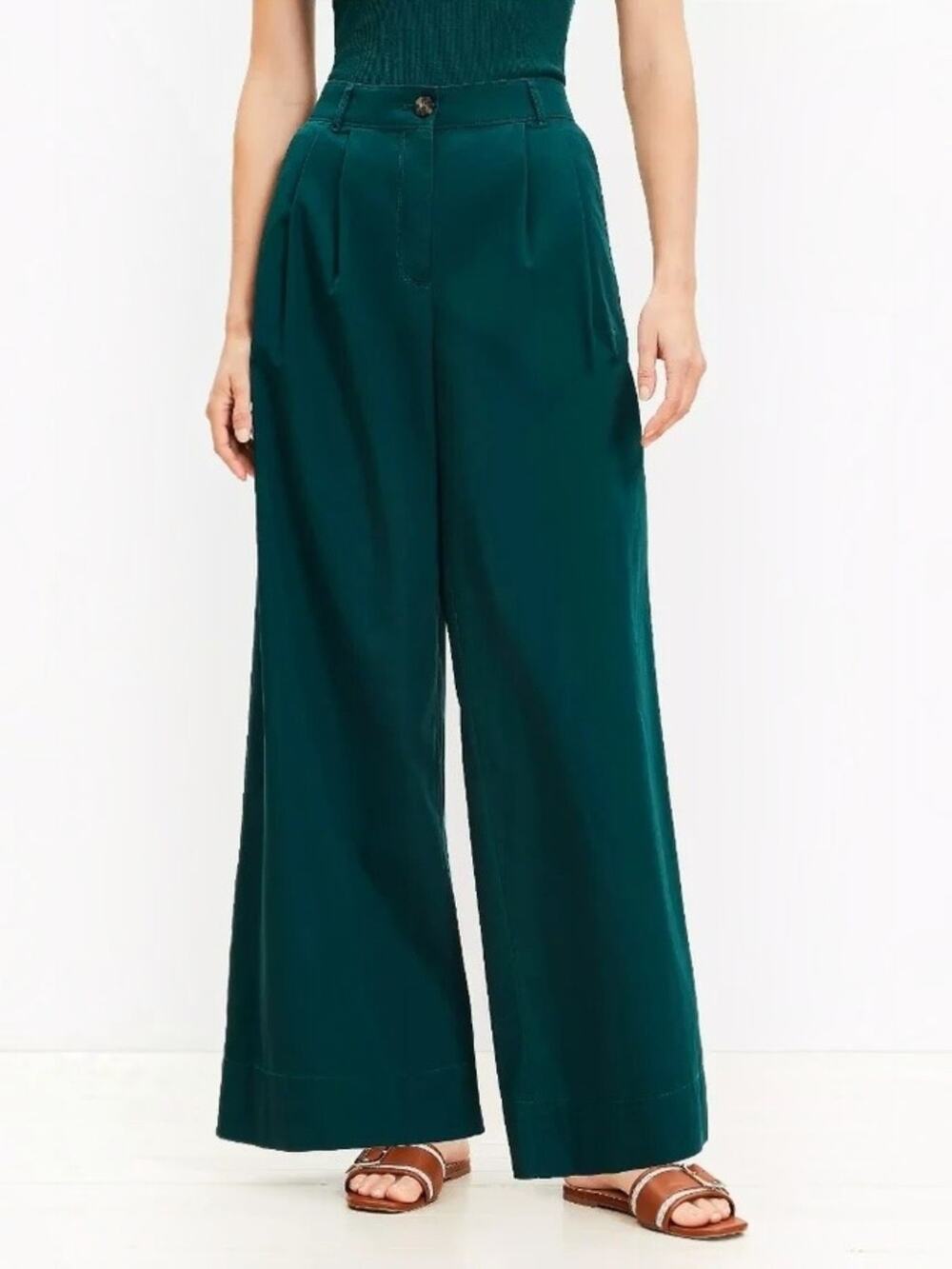 Loft Poplin Wide Leg High Rise Pleated Pants Green Size 4 NWT